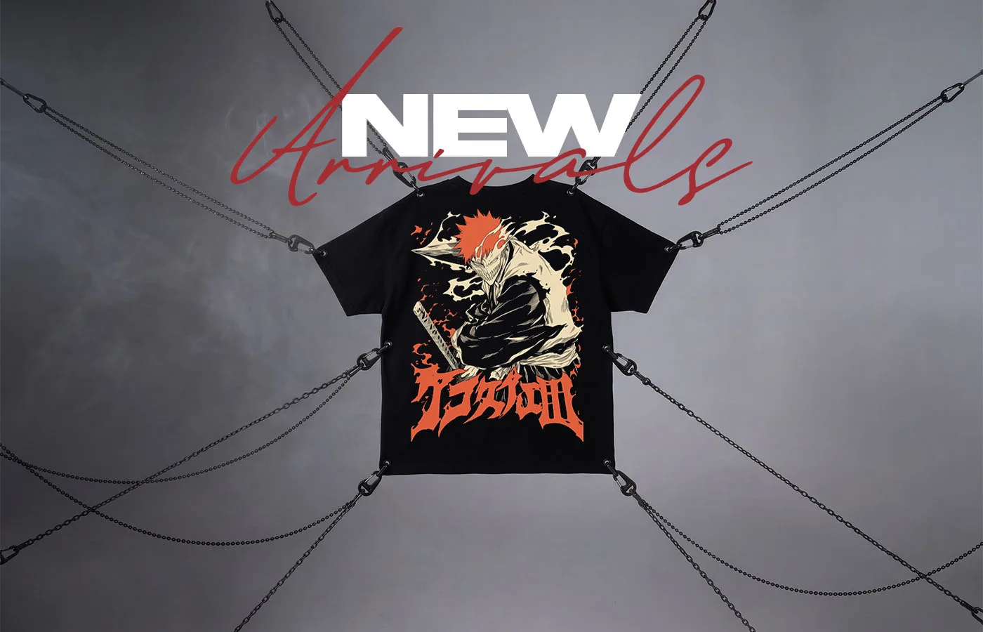 New arrivals — graphic tee suspended on chains