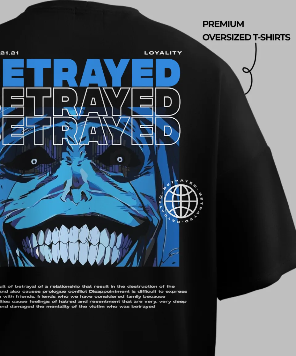 Betrayed Black Oversized T Shirt — on body