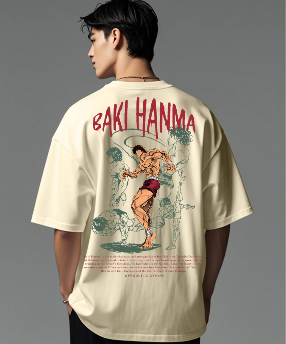 Baki Hanma Off White Oversized T Shirt — on body