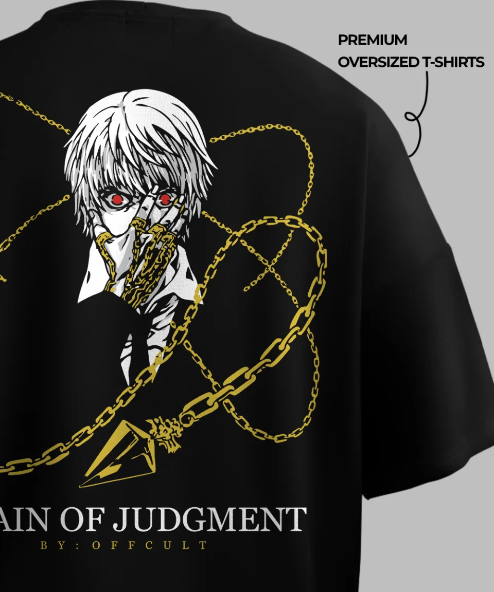 Chain Of Judgment Black Oversized T-Shirt — on body
