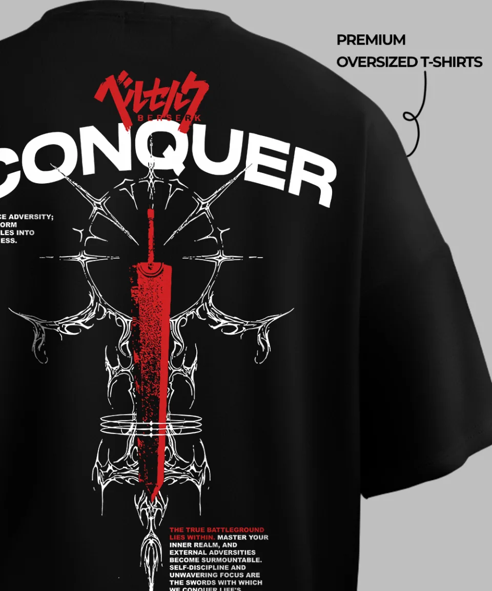 Conquer Berserk Black Oversized T-Shirt — on body